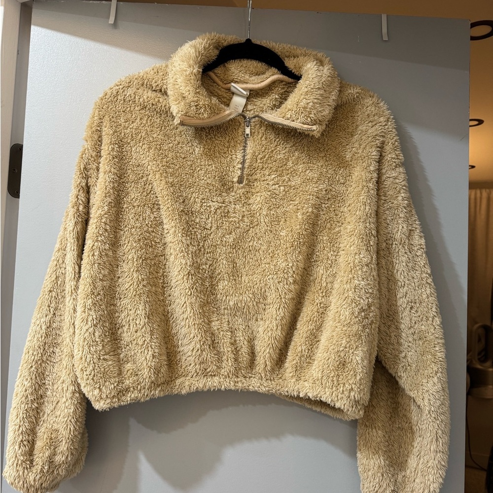 H&M Tan Teddy Jacket with Fluffy Texture and Cropped Style
